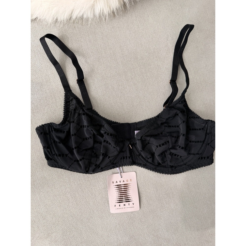 Savage X Fenty Bra Set Womens 36C Black NWT Lace Mesh Flocked Logo 2 Pack - Picture 2 of 12